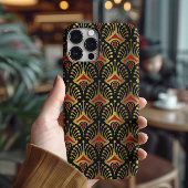 黒地にゴールドと赤のアールデコ調パターン iPhoneケース