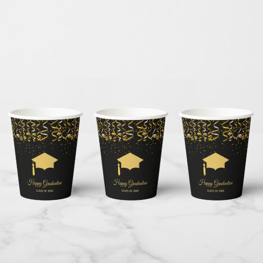 黒地にゴールドの華やかな卒業コンフェティ 紙コップ (複数)