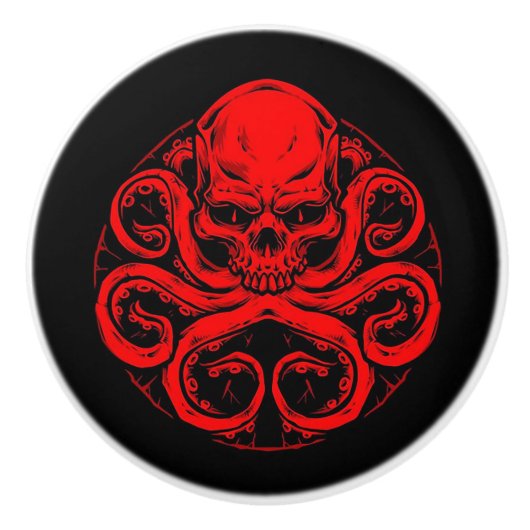 黒地にタコの触腕がある赤いドクロ セラミックノブ (正面)
