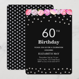 黒地にダイヤモンドが輝くフラワーモチーフの40歳、60歳の誕生日 招待状