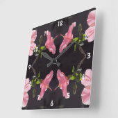黒地にピンクのハイビスカス スクエア壁時計 (傾斜)