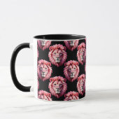 黒地にピンクのライオンの頭の動物パターン  マグカップ (左)