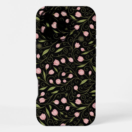 黒地にピンクの可愛い花の繰り返し柄 iPhoneケース (裏面)