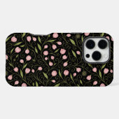 黒地にピンクの可愛い花の繰り返し柄 iPhoneケース (裏面横)