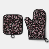 黒地にピンクの桜 鍋つかみ&鍋敷きセット (正面)