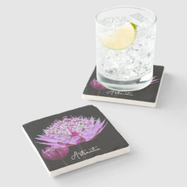 黒地にピンクのAstrantiaの花 ストーンコースター