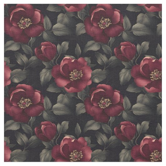 黒地にブルゴーニュの花 ファブリック (クローズアップ)
