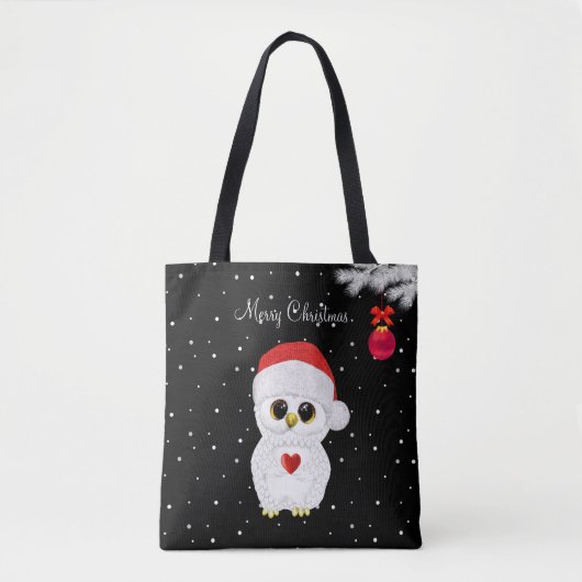 黒地にホワイトクリスマスふくろう トートバッグ (正面)