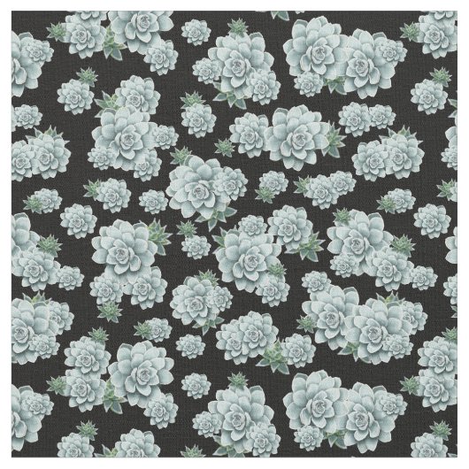 黒地にミントカラーの多肉植物の繰り返し模様 ファブリック (クローズアップ)