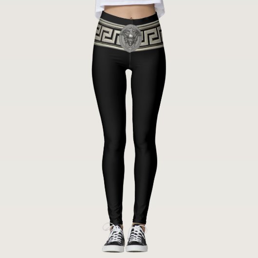黒地にメドゥーサとギリシャ鍵 レギンス (正面)