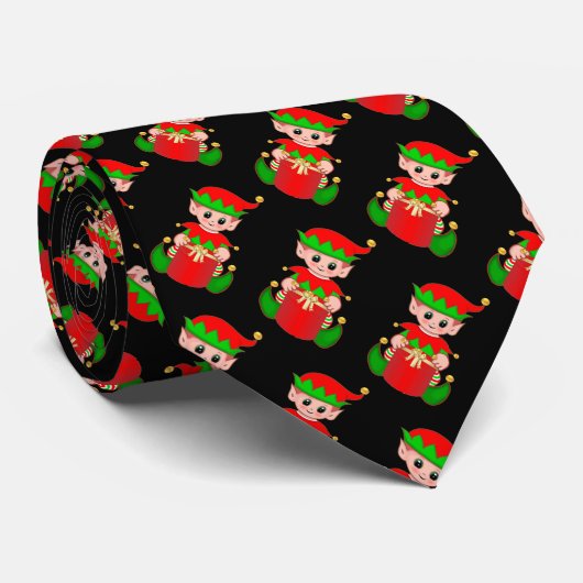 黒地にモダンかわいいクリスマスエルフ柄 ネクタイ (ロール)