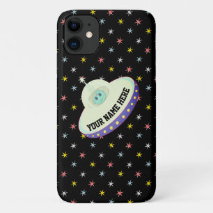 黒地にモダンな空飛ぶ円盤とカラフルな星 iPhone 11 ケース