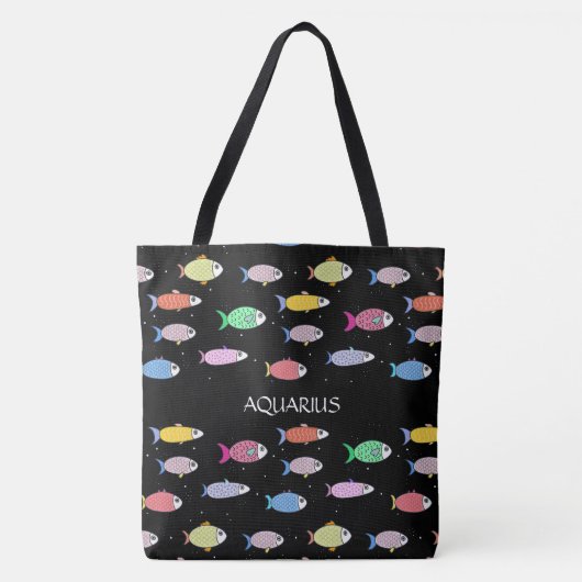 黒地にモダンな色とりどりの魚 トートバッグ (正面)