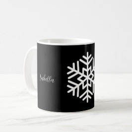 黒地にモノグラムと大きな白い雪の結晶 コーヒーマグカップ