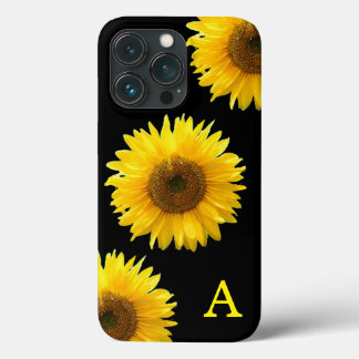 黒地にモノグラムと美しいひまわり iPhone 13 PROケース
