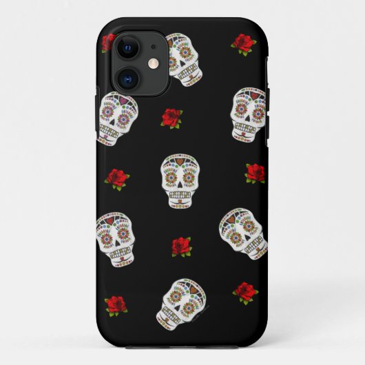 黒地にロカビリーシュガースカルとバラ Case-Mate iPhoneケース (裏面)
