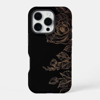 黒地に優雅な金色の花 iPhone 16 PROケース