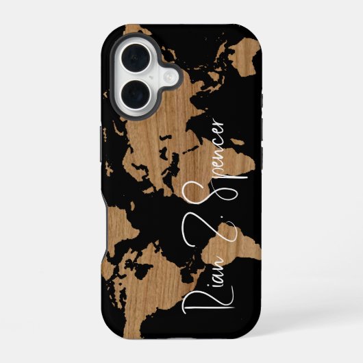 黒地に名前入り世界地図 iPhone 16ケース (裏面)