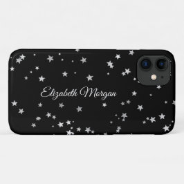 黒地に大きなシルバーの星、白抜きの手書き風名前 iPhone 11 ケース