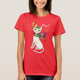 黒地に帽子とマフラーをつけた白い飾り猫 Tシャツ