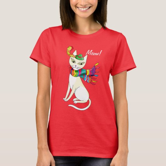 黒地に帽子とマフラーをつけた白い飾り猫 Tシャツ (正面)