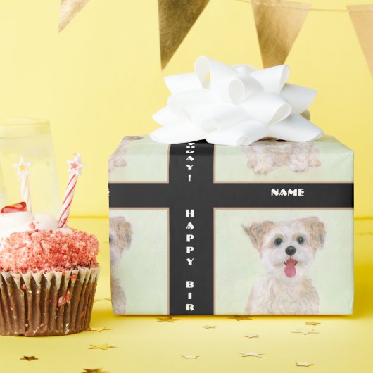 黒地に文字入りモーキーの犬の包装紙 ラッピングペーパー (誕生日パーティー)