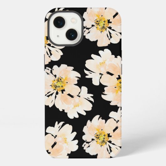 黒地に水彩のピオニーの花 iPhoneケース (裏面)