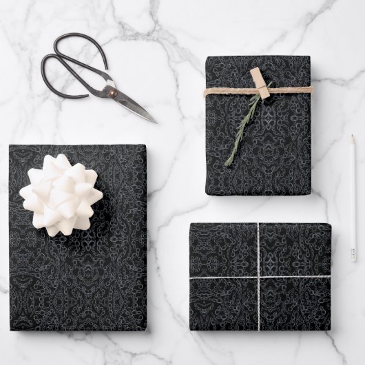 黒地に灰色の抽象的な鏡像の鎖の芸術 ラッピングペーパーシート (正面)