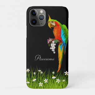 黒地に熱帯インコと白い花 iPhone 11 PROケース