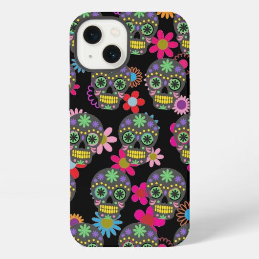 黒地に狂気のシュガースカルと花 iPhoneケース (裏面)