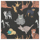 黒地に猫と犬のパターン デザイン ファブリック (クローズアップ)