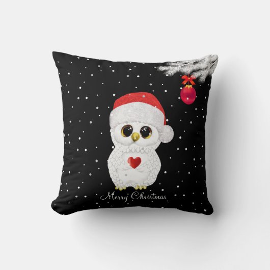 黒地に白いクリスマスフクロウ クッション (正面)