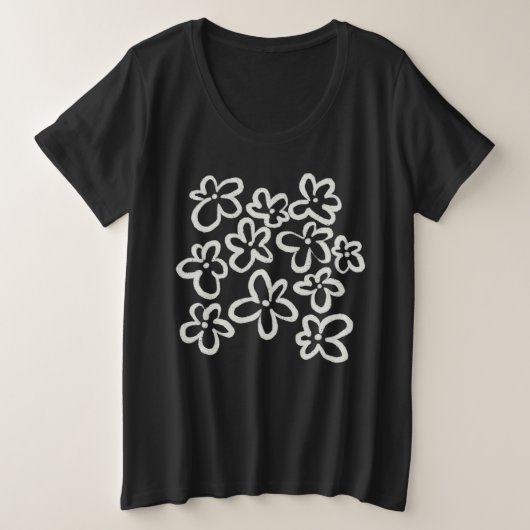 黒地に白い花 プラスサイズTシャツ (デザイン正面)