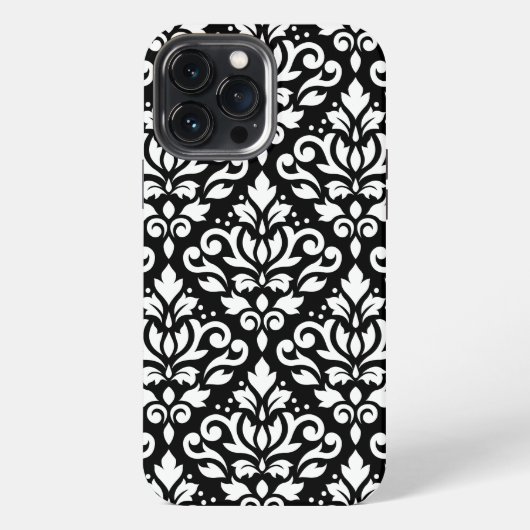 黒地に白の大柄なスクロールダマスク模様 iPhoneケース (裏面)