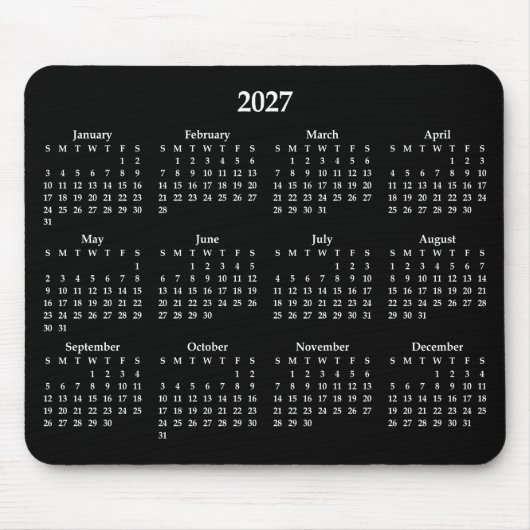 黒地に白の2027年カレンダー マウスパッド (正面)