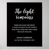 黒地に白の「光は残る」メモリアル・クォート ポスター (正面)