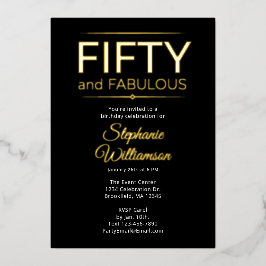 黒地に白文字のゴールドフォイル「Fifty and Fabulous」 箔招待状