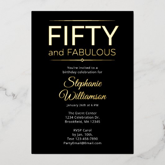 黒地に白文字のゴールドフォイル「Fifty and Fabulous」 箔招待状 (正面)