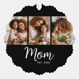 黒地に白文字の「Mom Established Date」3枚の写真入り オーナメントカード