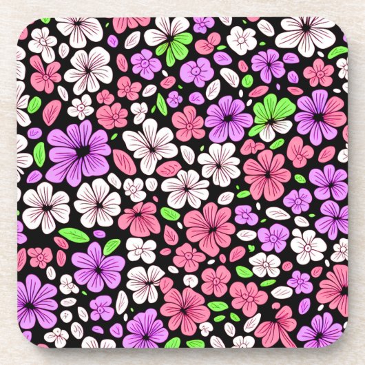 黒地に紫とピンクの花と花びらのパターン コースター (正面)
