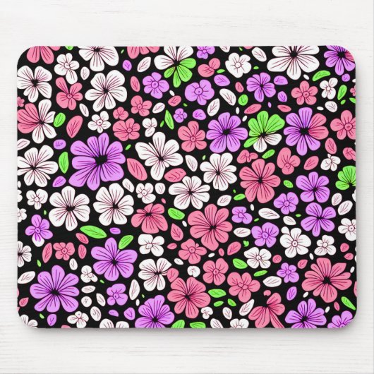 黒地に紫とピンクの花と花びらのパターン マウスパッド (正面)
