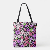 黒地に紫とピンクの花と花びらの模様 トートバッグ (裏面)