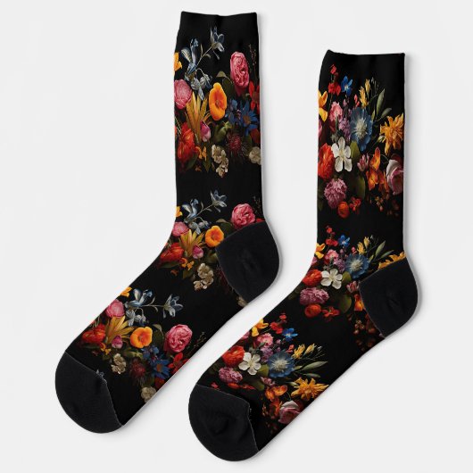 黒地に色とりどりの花 ソックス (左)