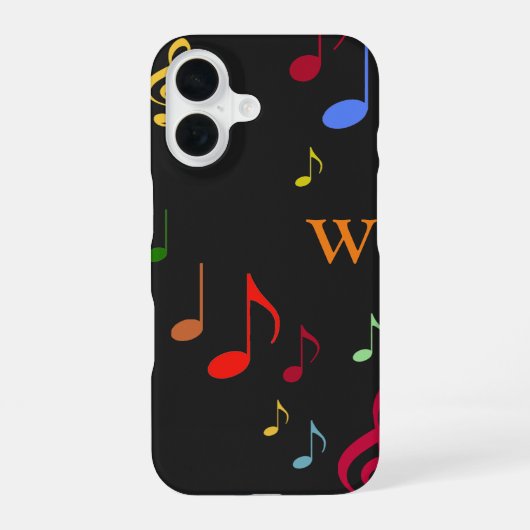 黒地に色と音符 iPhone 16ケース (裏面)