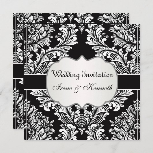 黒地に葉模様の白いダマスク 結婚式招待状 招待状 (正面/裏面)
