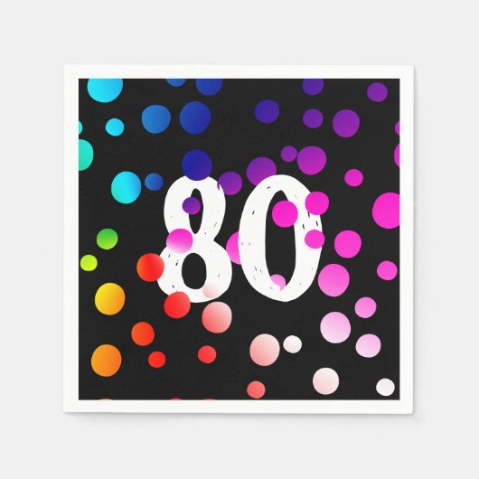 黒地に虹色のドット 80歳の誕生日 スタンダードカクテルナプキン (正面)