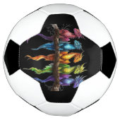 黒地に虹色のベビードラゴングループ サッカーボール (回転)
