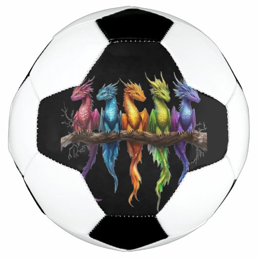黒地に虹色のベビードラゴングループ サッカーボール (正面)