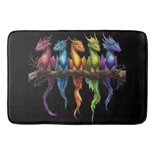 黒地に虹色のベビードラゴングループ バスマット (正面)