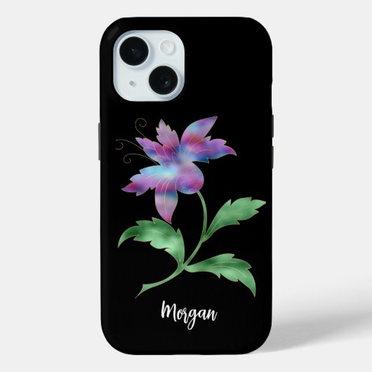 黒地に虹色の花、名前の筆記体 Case-Mate iPhoneケース (裏面)